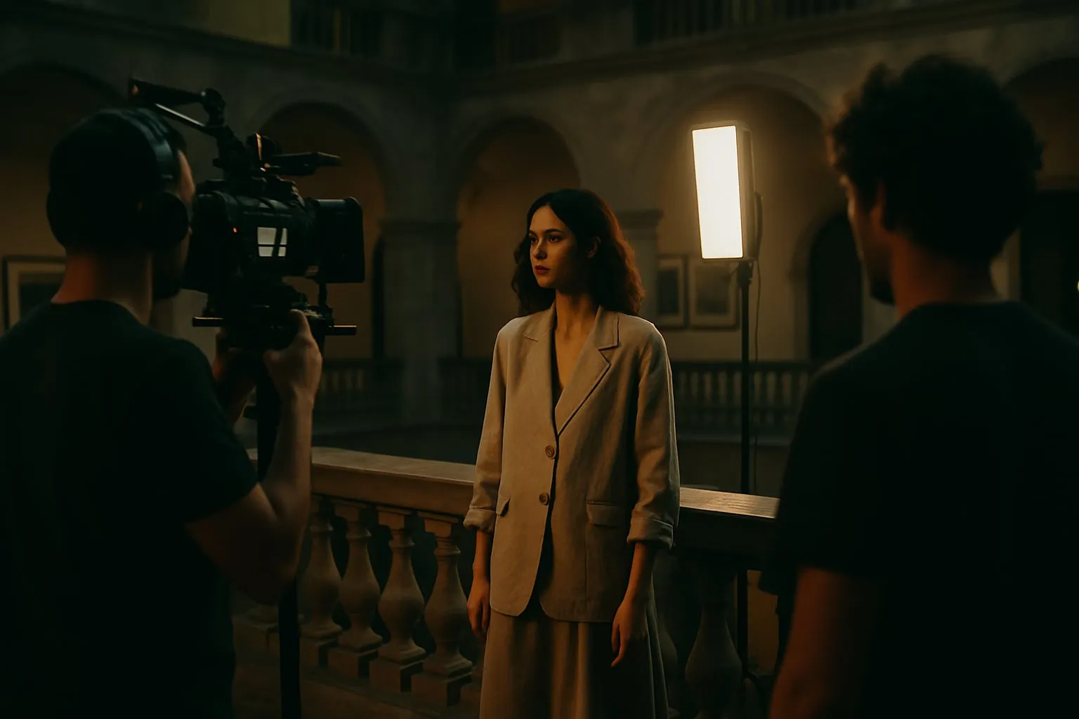 Filmagem de moda sustentável em espaços culturais locais
